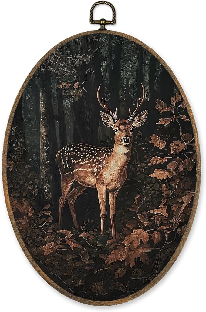 LKETW Vintage Nature Forest Deer Oval Wall Art Decor, Dark Academia Cottagecore Fall Forest Deer Oval Canvas Hanging Decor, Rustic Wild Animal Wall Decorations for Home Bedroom, 8.6x11.4 Inch
