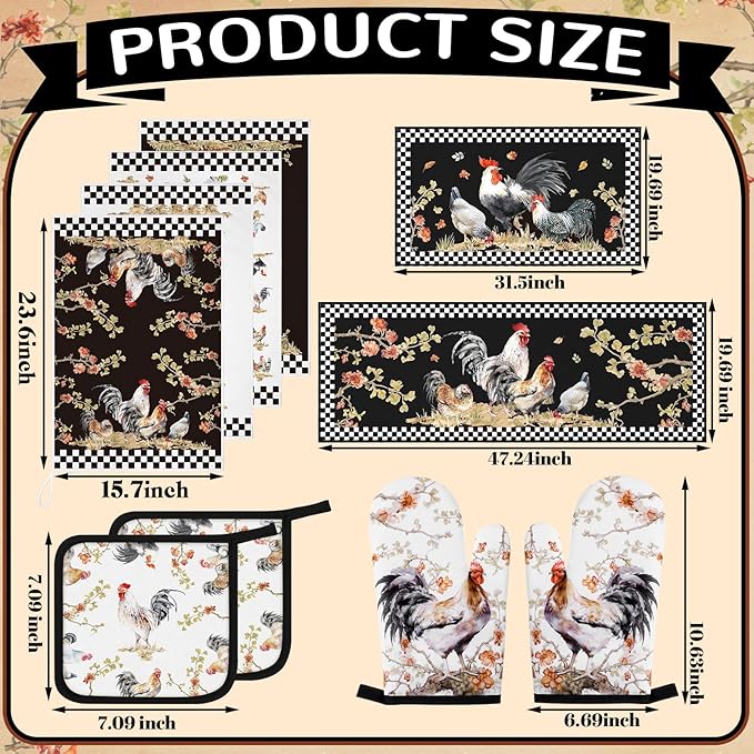 10 Pcs Rooster Kitchen Dish Towels Rugs Oven Mitts and Pot Holders Set Farmhouse Kitchen Decor Set for Women Mom Daughter Gift Cooking Baking Grilling (Vintage Black White)