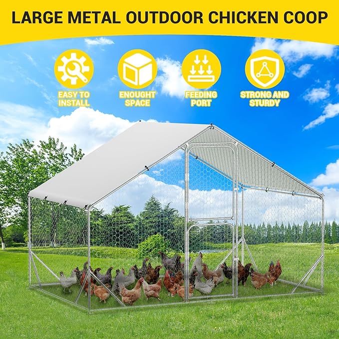 Large Metal Chicken Coop, Walk-in Poultry Cage, Chicken Run Pen House with Reinforcement & Waterproof & Anti-Ultraviolet Cover Chicken Coop Run with Double Lockable Doors for Outdoor 9.8 x 6.5X 6.6ft