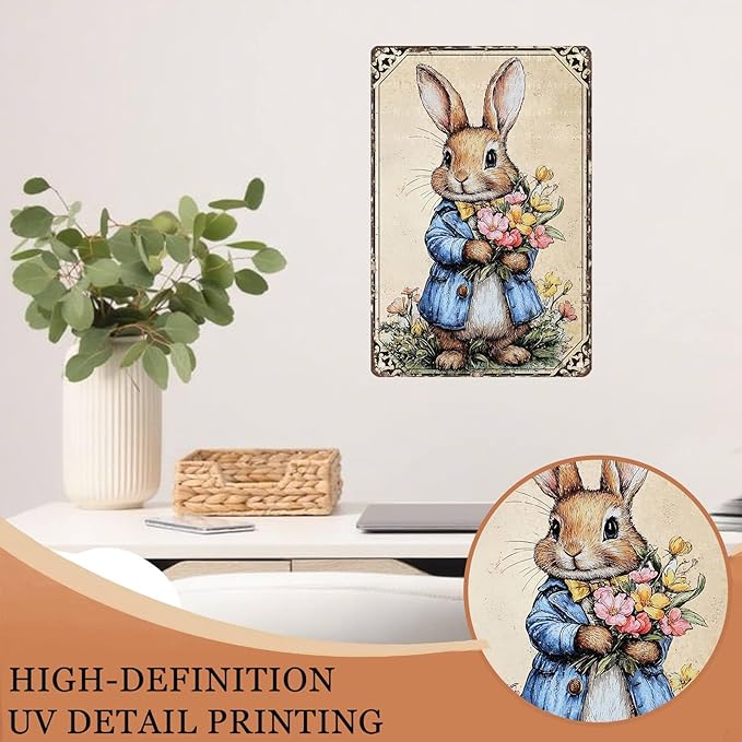 Easter Bunny Tin Sign Retro Sign Rabbit Vintage Retro Sign Home Decor Metal Sign for Home Garden Living Room Easter Wall Decorations 8X12Inch