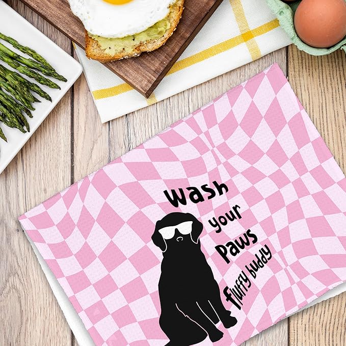 Pink Cute Dog Golden Retriever Bathroom Kitchen Towels, Wash Your Paws Hand Towel for Girly Room, Funny Gifts for Dog Lovers, Trendy Preppy Checkered Dish Towels Decor for Dorm 16x24in