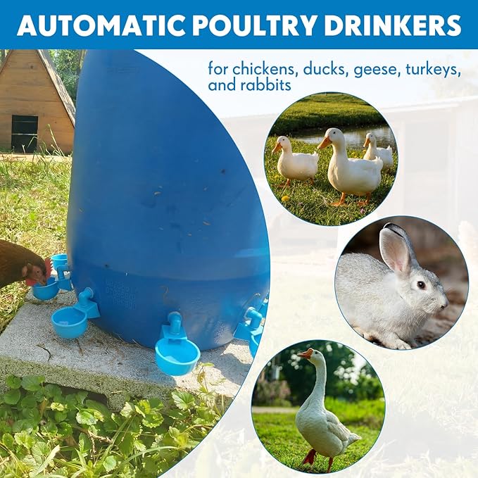 LemonRoad 30 Set Automatic Chicken Waterer Cups with 1/2" PVC Tee Fitting Chicken Drinking Bowl, Poultry Drinker Mounting Hole Opener,Water Dispenser Feeder for Duck, Goose, Turkey, Pigeon(Blue Black)