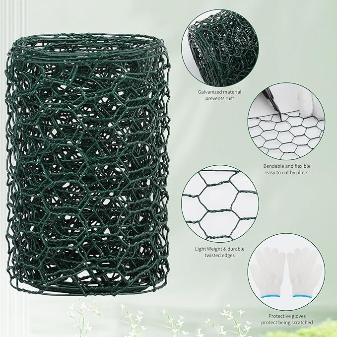 Chicken Wire for Floral Arrangements, 4 x 118 Inch Green Floral Wire Netting with Plier Gloves Zip Ties, 2mm Thickness Chicken Wire Fence for Garden Poultry
