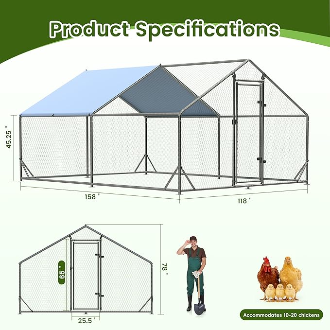 Outdoor Metal Chicken Coop Large Walk-in Poultry Cage Spire-Shaped Chicken Run with Waterproof and Anti-Ultraviolet Cover for Outside,Backyard and Farm,13' L x 9.8' W x 6.4' H