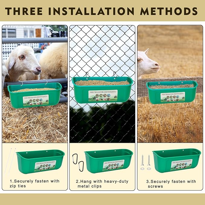10 Pack Fence Feed Feeder 4.5 Quart Hanging Chicken Feeder Trough with Brush & Scoop Green Goat Hanging Fence Feeders Feeder with Hooks Screws & Zip Tie for Livestock Feeding Container Goats Supplies