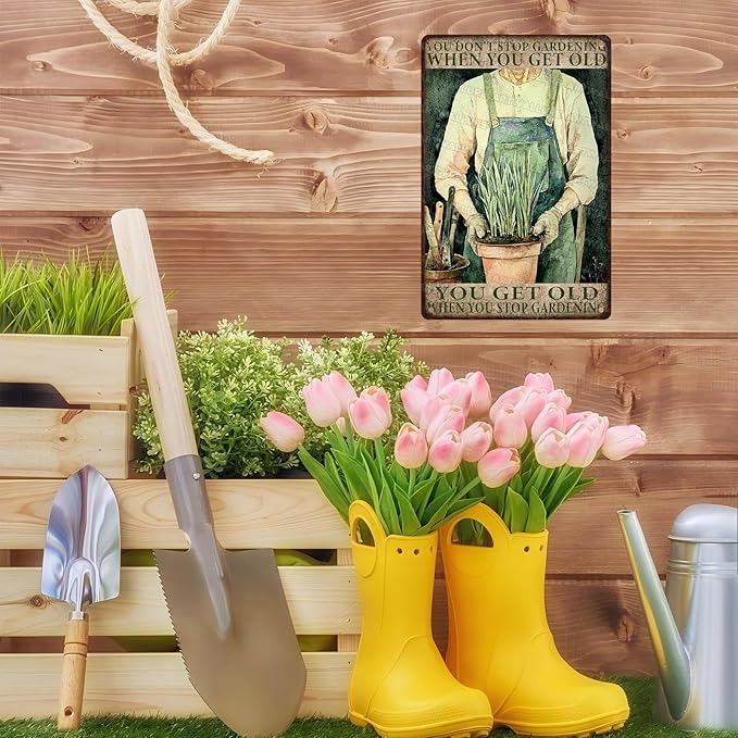 Vintage Gardening Tin Sign Metal Wall Decor Rustic Farmhouse Theme You Get Old When Stop Gardening Saying 8x12inch