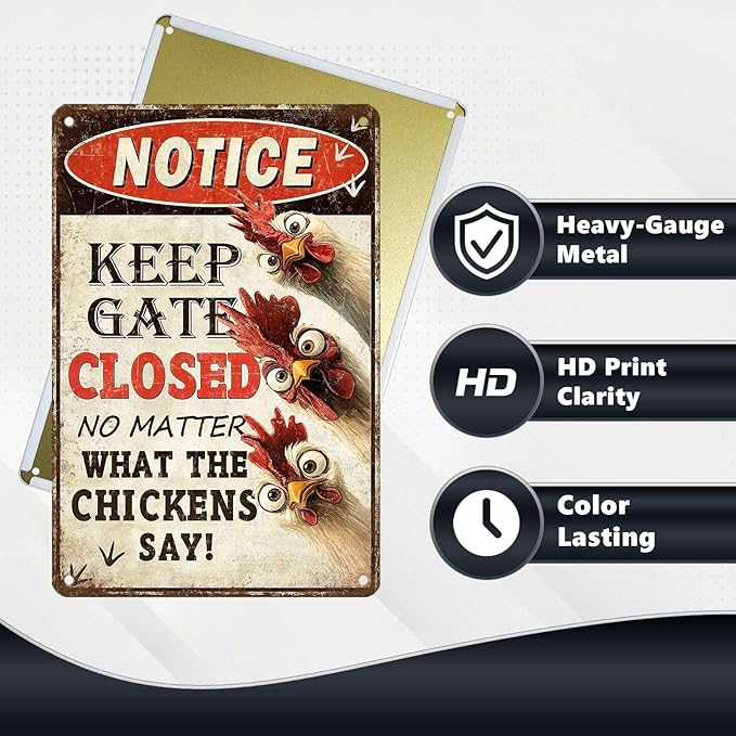 Funny Chicken Metal Sign Chicken Coop Metal Decor Keep Gate Closed Tin Signs Vintage Poster Wall Decor For Home Farmhouse Farm Poultry House Yard Fence Kitchen Outdoor 12 * 8 In