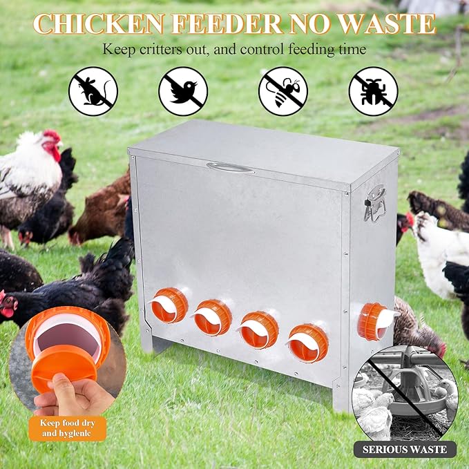 Automatic Chicken Feeder No Waste Large Capacity 85lbs 6-Ports Metal Poultry Feeder with Pull Handle for Chickens Geese Ducks Poultry Coop Weatherproof Design