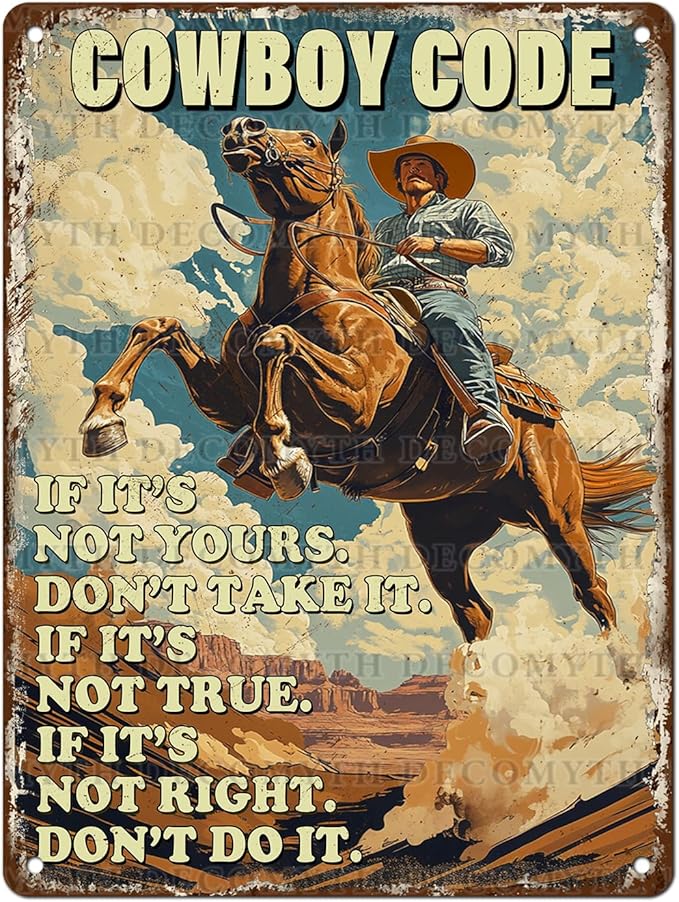 Retro Cowboy Riding Horse Cowboy Code Poster for Home Farm Outdoor Bathroom Restaurant Cafes Bars Club Kitchen Garage Cute Vintage Art Wall Decor 12 * 16inch