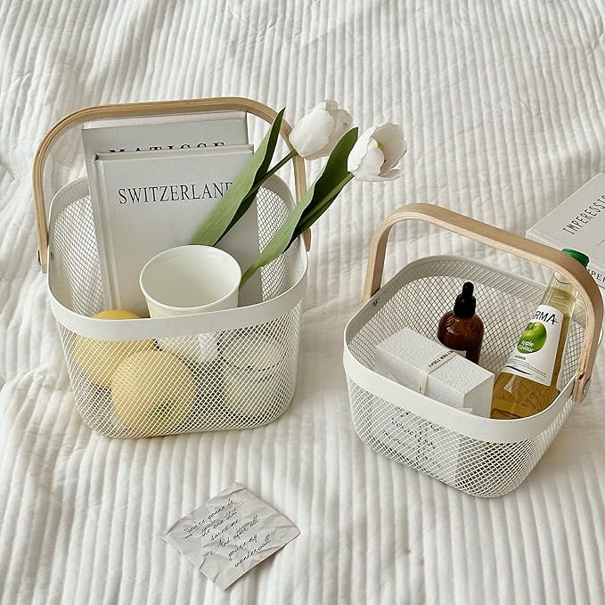 Metal Mesh Wire Basket, Mini Steel Basket with Wooden Handle Storage Organizer Basket Multi-functional Hanging Kitchen Baskets Fruit Baskets for Kitchen Bathroom Cabinet Pantry Snacks, White