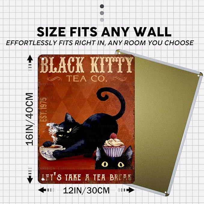 Vintage Black Cat Tin Sign Let's Take A Tea Break Retro Metal Sign Funny Cat Lovers Nostalgic Wall Decor Decorations for Home Office Cafe Shop Kitchen Bar Living Room Bedroom 16 * 12In