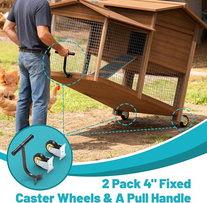 Chicken Coop Wheels Kit, 2 Pack 4" Fixed Caster Wheels & A Pull Handle, Fit for Mobile Chicken Cage, Chicken Tractor & Poultry House, Portable Chicken Coop Accessories, Easy to Use