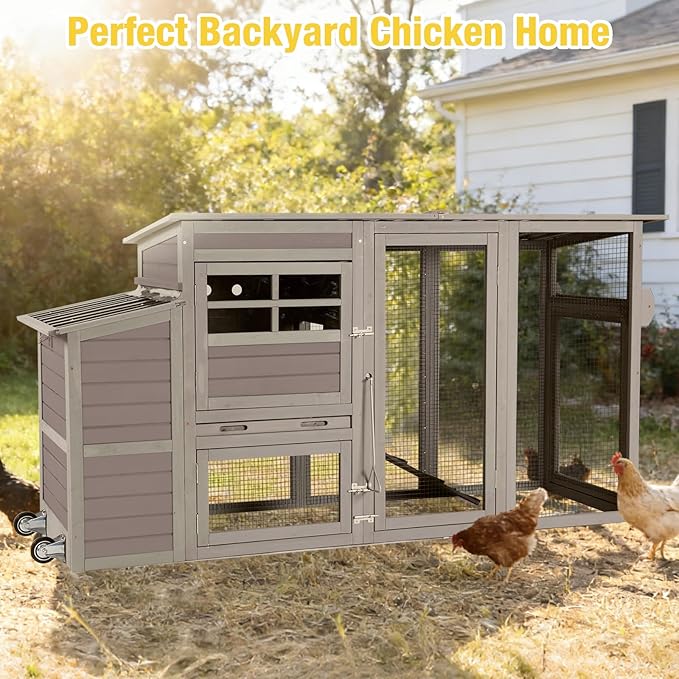 Aivituvin Mobile Chicken Coop with Wheels, Outdoor Poultry Cage with Weatherproof Roof, Lockable Nesting Box & Pull-Out Tray, Expandable Chicken Run for Chickens, Ducks & Small Animals