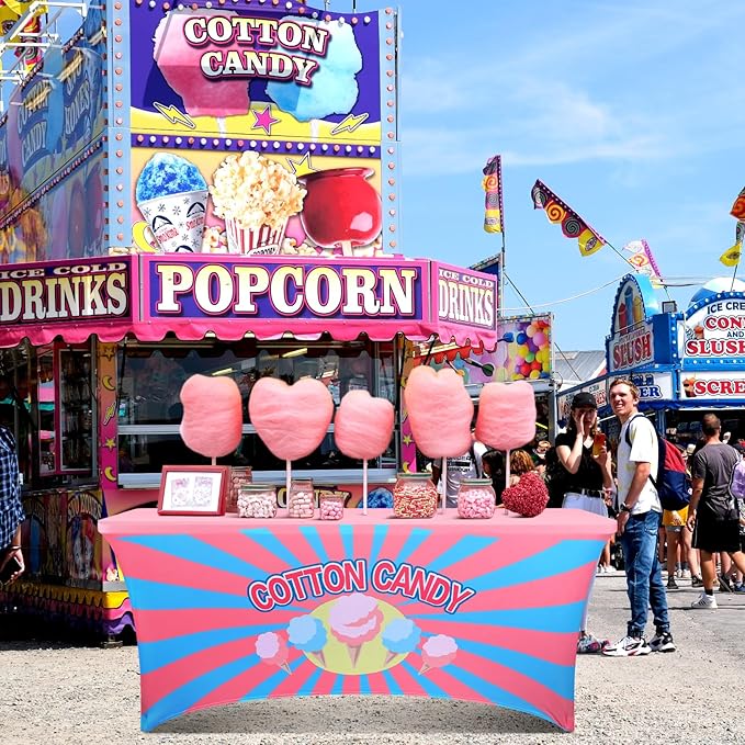 Oudain 6 ft Cotton Candy Stand Tablecloth Elastic Spandex Table Cover Cotton Candy Shop Pink Blue Banner Sign Table Cloth for Business Advertising Carnivals Party Outdoor Concession Stand