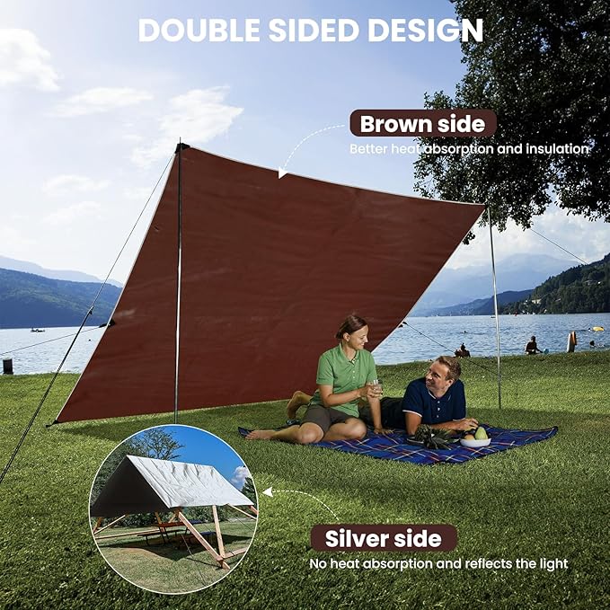 Sunvigor Tarp Waterproof 12x16Ft, Heavy Duty Tarp Cover Extra Thick 14 Mil Tear and UV Resistant, Outdoor Tarps with Grommets and Reinforced Edges for Roof, Camping, Patio, Pool, Boat (Silver/Brown)