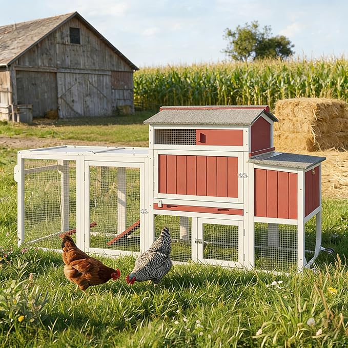 Wooden Chicken Coop with Wheels – Large Movable Outdoor Hen House with Waterproof Clear Sunlight Panel Roof, Nesting Box & Easy-Clean Tray – Spacious Backyard Poultry Tractor Red