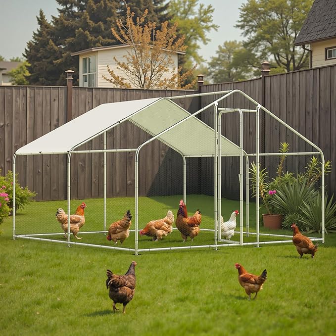 Large Metal Chicken Coop, 10'x10'x6.6' Walk-in Poultry Cage Outdoor Chicken Run Pen w/Waterproof & Anti-UV Cover, Hen House w/Security Lockable Door for Farm Backyard Duck Rabbit Cage Spire Roof