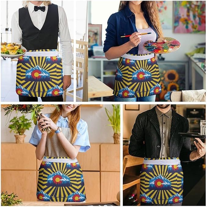 Short Aprons for Servers Unisex Chef Works Waitress Apron with 3 Pockets