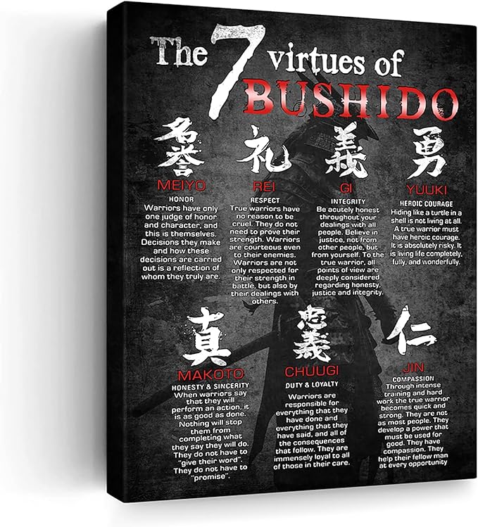 Japanese Samurai Wall Art 7 Virtues of Bushido Pictures Wall Decor Japanese Warrior Canvas Prints Poster Inspirational Framed Modern Painting Artwork Home Decorations for Bedroom Office Bathroom