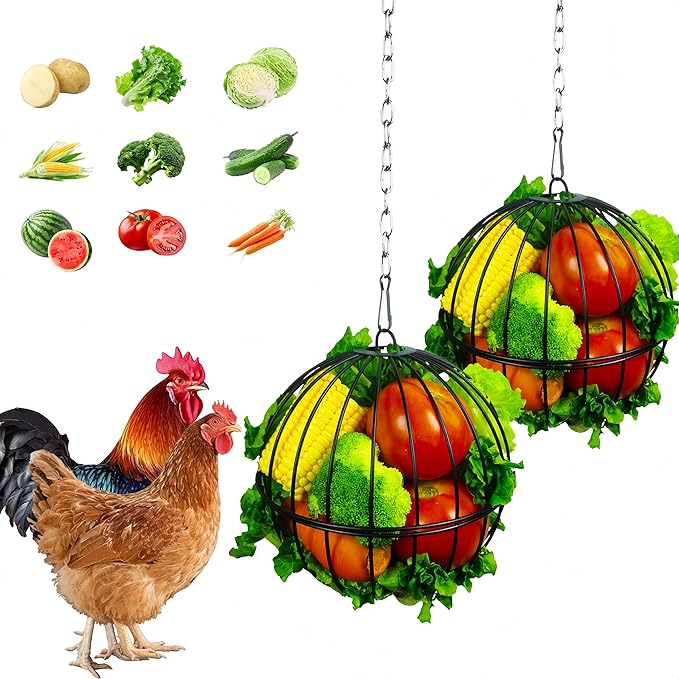 Hanging Chicken Feeder,7.4 Inch Large Chicken Vegetable Hanging Feeder,Metal Chicken Ball Cage with 19.6 Inch One Stainless Steel Chain (2 Pack)