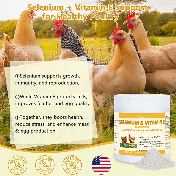 Selenium & Vitamin E Powder for Chickens | Poultry Nutrient Support Blend for Muscle Activity & Daily Balance | Feed Mix Additive for Chickens & All Poultry | 113g