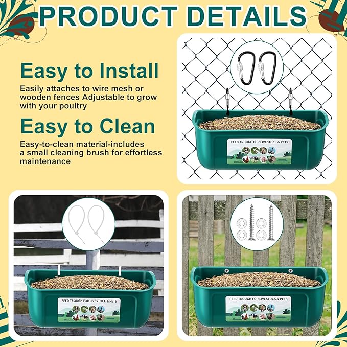 9 Pack Chicken Duck Feeder Waterer Hanging Goat Feeder Trough 2.5 Quart Livestock Feeding Trough with Scoop & Brush for Pig, Poultry, Fence Feeding, 22.5 Quart Total (Green,Blue)