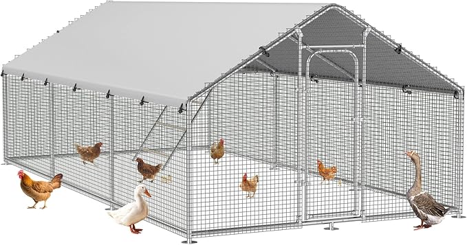 Large Metal Chicken Coop Run with Roosting Perch, Outdoor Poultry Cage with Waterproof & UV-Resistant Cover for Chickens, Ducks, Rabbits in Yard or Farm Use, Spire Roof(8.9'W x17.7'L x 6.6'H)