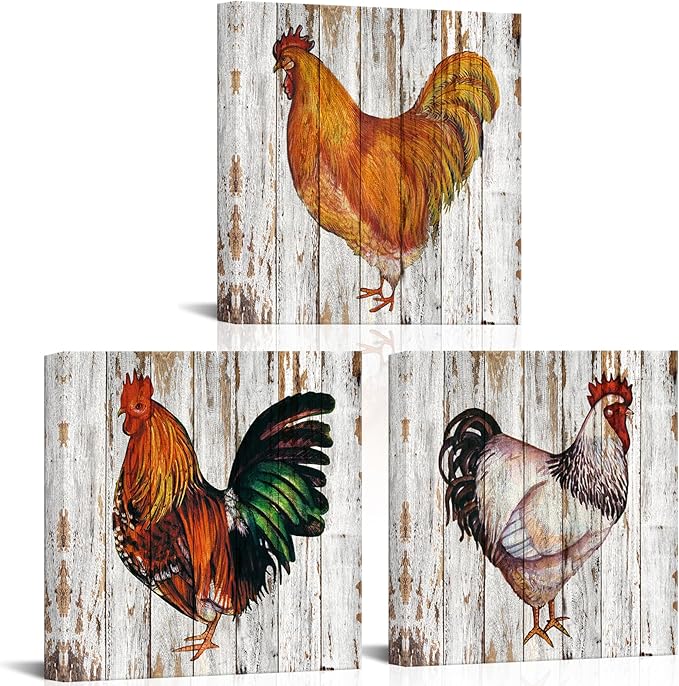 Nachic Wall - Rustic Farmhouse Wall Decor Rooster Hen Painting Canvas Print Vintage Farm Animal Wall Art Countryside Home Decorations (Small)