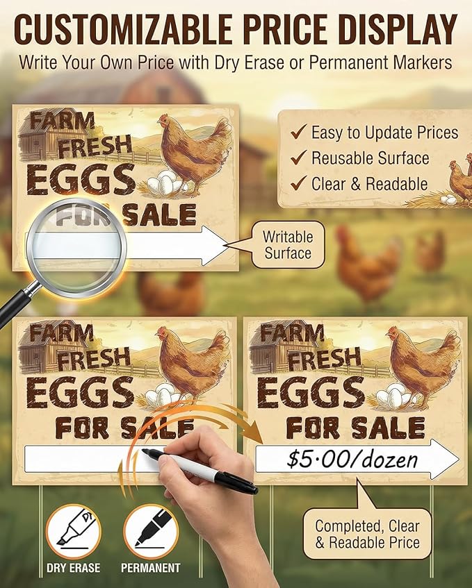 5-Pack Double Sided Farm Fresh Eggs Sale Signs with 10 Reinforced Fiberglass Stakes for Backyard Chicken Farm Advertising,16x12"