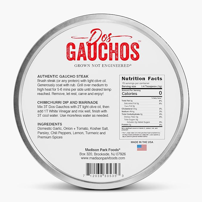 Dos Gauchos Chimichurri Steak Seasoning – Argentine Steak Rub – Keto Dry Spice Blend Marinade Mix – All Natural, Gluten-Free, Low Salt, Sugar-Free, No MSG – 2.75oz Fresh-Sealed Pouch in Reusable Tin