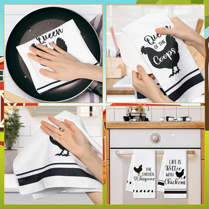 GROBRO7 Funny Chicken Hand Towel - 6Pcs Farm Hen Vintage Rustic Dishcloths Set Polyester Soft Towels for Farmhouse Kitchen Bath Dining Decor Cute Rooster Gifts for Men Women Housewarming