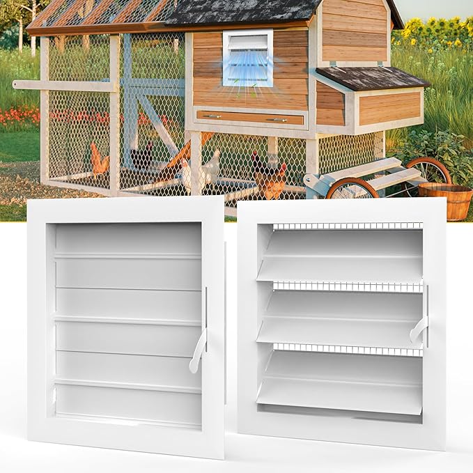 2 Pack Air Vent Louver for Chicken Coop, 12" x 12" Adjustable Chicken Coop Window with Screen Mesh, Metal Louvered Exhaust Grille for Ventilation of Poultry Habitat, Shed, Attic