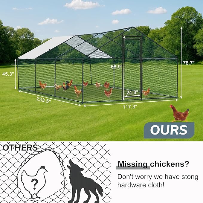 Outvita Chicken Coop, 19.5×10 FT Large Metal Chicken House, Poultry Habitat Cage with Waterproof Cover, Walk-in Chicken Run Pen for Small Animals Yard Farm Patio（Black Electrophoresis Process）