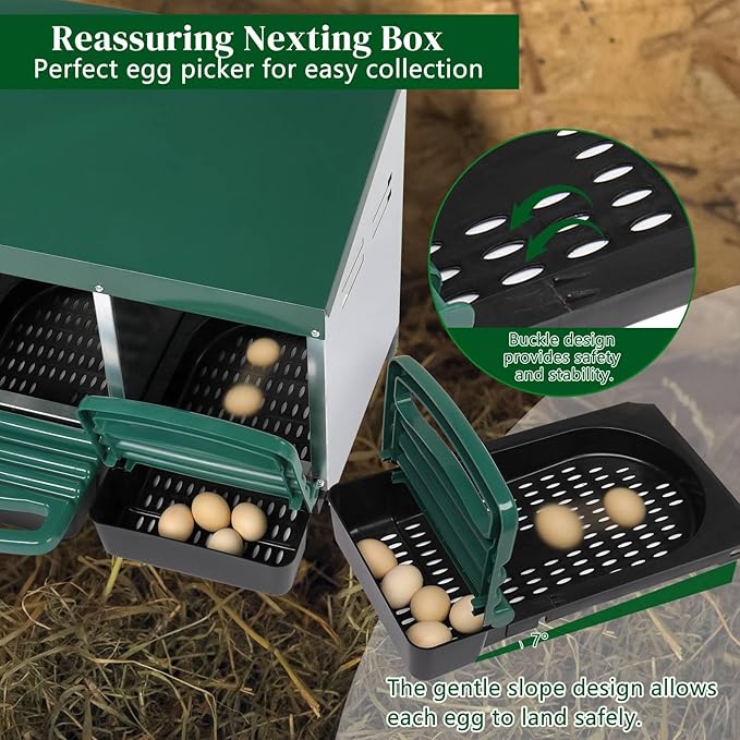 Roll Away Nesting Boxes Chicken, 3 Compartments Laying Box for Hens, Poultry Roosting Box with Swing Perch and Rollout Egg Collection, for Long - Term Backyard Poultry Farm Use (Green)