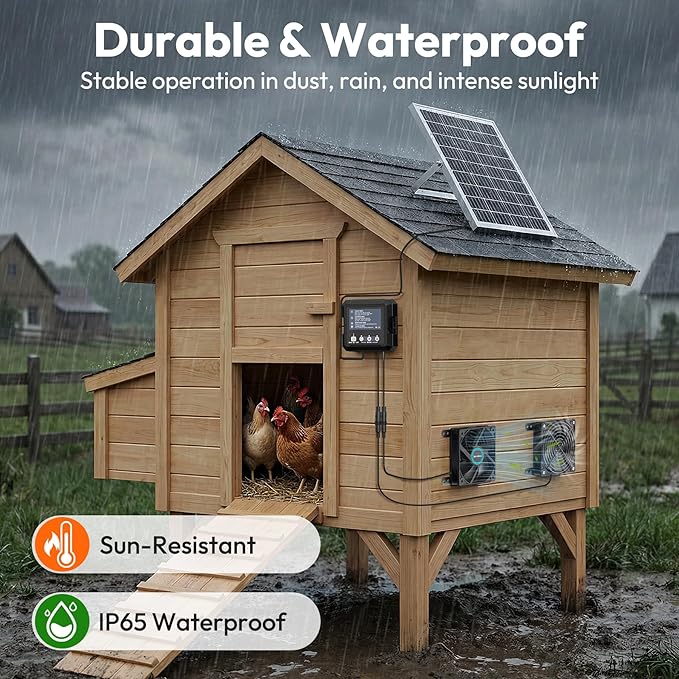 Innoland Solar Fan for Chicken Coop, IP65 Waterproof Solar Powered Fan with Battery & 25W Solar Panel, Solar Exhaust Fan with Sensor for Greenhouse | Pet House | Tool Shed | Garage Air Ventilation