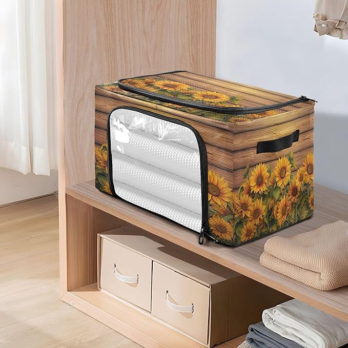 xigua Wood Grain Sunflower Clothes Storage Bins with Hold Shape Metal Frame, 2 Opening Ways Foldable Clothes Organizer Box with Clear Window & Handles for Seasonal Clothing
