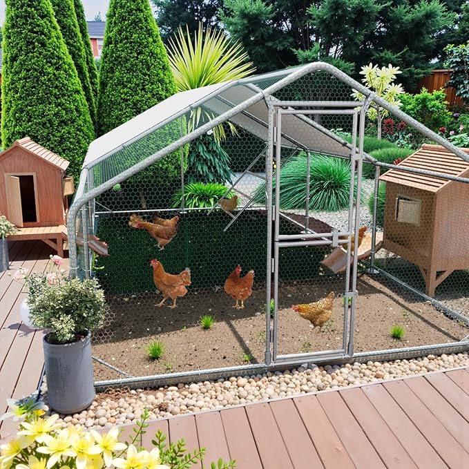 Large Metal Chicken Coop, 10x20x6.5FT Chicken Runs for Yard with Cover and Roosting Perch, Split Doors Walk in Chicken Coop
