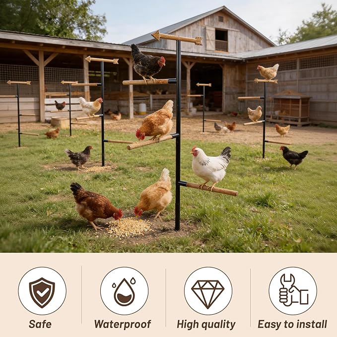 Large Chicken Roosting Bars, Wooden 4-Branch Perch & Outdoor Bird Playground Toy,Chicken Perch for Coop & Backyard,50" H x 16.5" R, 4-Prong Metal Ground Plug,for Small Poultry, Bird & Parrots