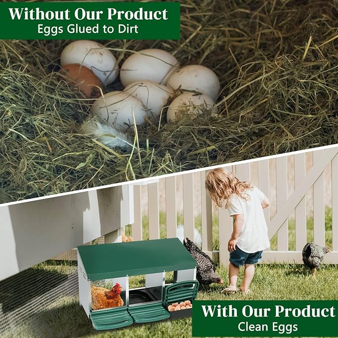 Roll Away Nesting Boxes Chicken, 3 Compartments Laying Box for Hens, Poultry Roosting Box with Swing Perch and Rollout Egg Collection, for Long - Term Backyard Poultry Farm Use (Green)