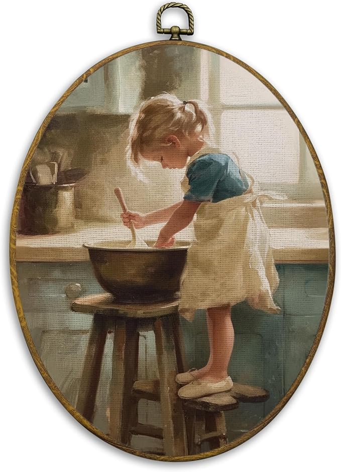 CUANFDDSF Vintage Rustic Kitchen Oval Wall Art Decor, Rustic Farmhouse Wall Hanging Decor, Cozy Cottagecore French Kitchen Little Girl Cooking Framed Canvas Prints for Dining Room Home, 8.6x11.4 Inch