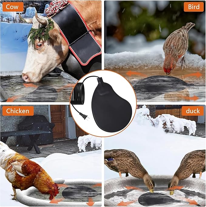 60W De-icer Submergible Bird Bath Heater Thermostatic Controlled Chicken Water Heater for Outdoors in Winter Animal Water Heater Ideal for Livestock Poultry Horses Cows Birds Chicken Farm Trough
