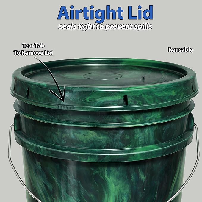 5-Gallon Bucket with Airtight Lid – Made in USA, Food Grade BPA Free Plastic, Heavy Duty Multi-Use, Metal Handle with Grip, Stackable Storage – Mystery Swirl, 3 Pack
