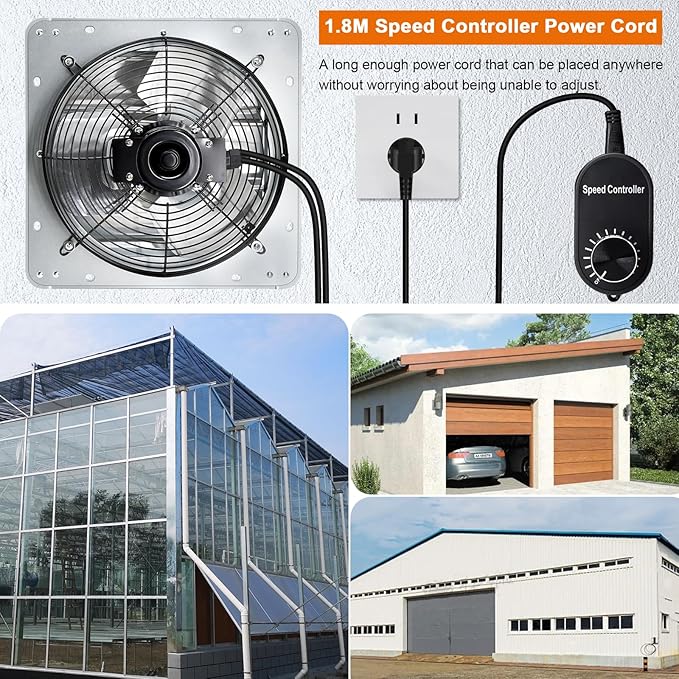 Hiorucet 7 Inch Shutter Exhaust Fan with Speed Controller and Power Cord Kit for Garage, Greenhouse, Shop, Attics, Chicken Coop, Basement, 760CFM 1600RPM Low Noise Wall Mounted Louvered Exhaust Fan.
