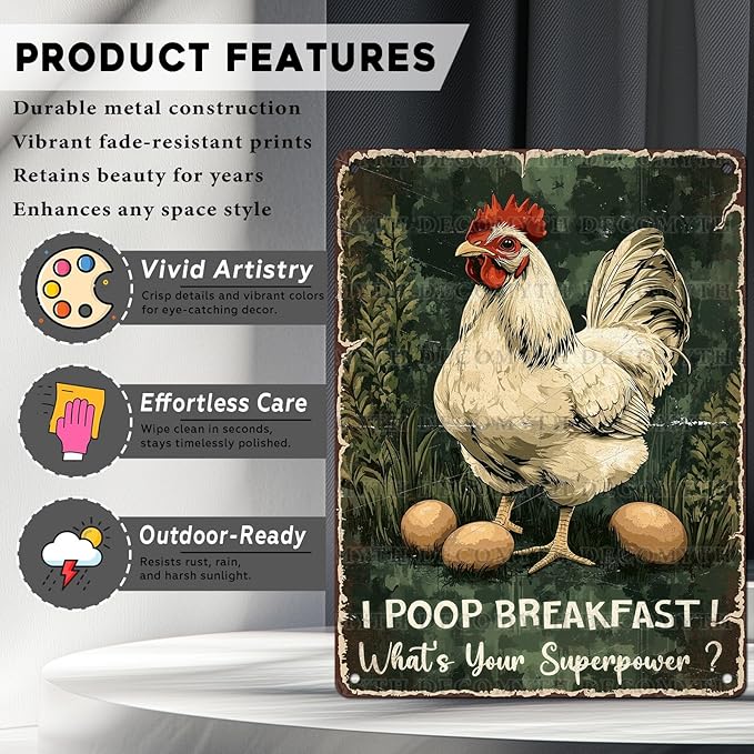 Vintage Chicken Tin Sign I Poop Breakfast Whats Your Superpower Retro Coop Wall Decor Nostalgic Art Funny Rustic Metal Poster Outdoor Store Cafe Poultry House Pubs Farm Farmhouse 12 * 16inch