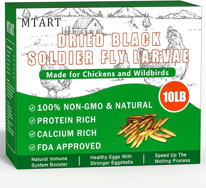 10LB Dried Black Soldier Fly Larvae Treat for Chicken, 100% Natural Non-GMO More Calcium Than Dried Mealworms High Protein Chicken Feed for Birds, Ducks, Layer Hens