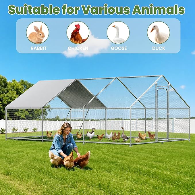 Large Metal Chicken Coop Run with Roosting Perch, Outdoor Waterproof & UV-Resistant Cover for Chickens, Ducks, Rabbits, and Hens in Yard or Farm Use Spire Roof (13.1'Wx19.7'Lx 6.5'H)