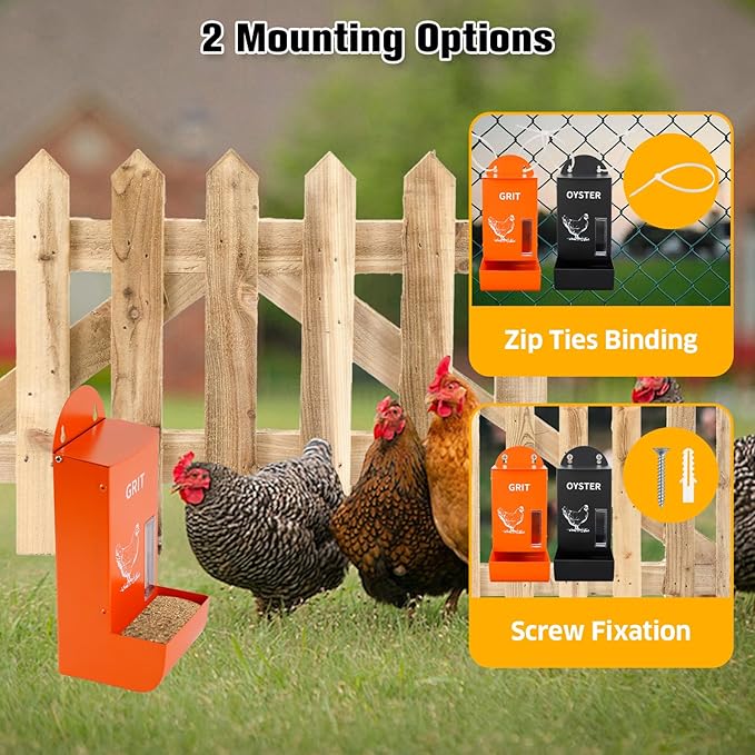 2Pack Automatic Chicken Grit & Oyster Shell Feeder with Rain Cover, Gravity-Fed Metal Poultry Feeder Trough for Coop, Outdoor Use