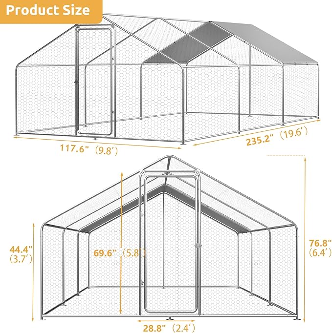 ROOMTEC Chicken Coop Large Metal Chicken Run for 20-30 Chickens,Dog Kennel Outdoor with Waterproof and Anti-UV Cover Lockable Door Design(9.8'Lx19.6'Wx6.4'H)