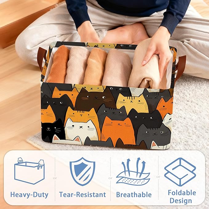 Funny Cat Storage Baskets,Foldable Organizer Bin with Handles for Home Living Room Bedroom Closet Box 17x11.5x10Inch