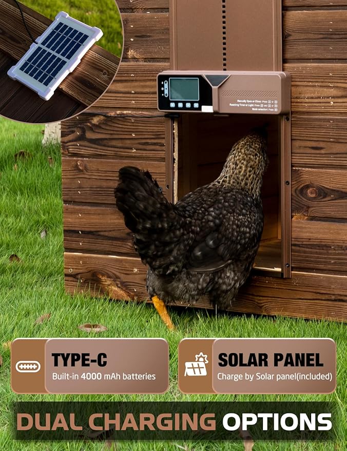 Upgraded Large Automatic Chicken Coop Door - Solar,Battery Powered Chicken Door Opener | Timer,Light Sensor,Remote,Manual Control | Anti-Pinch, Predator Proof All-Weather Resistance Coop Door